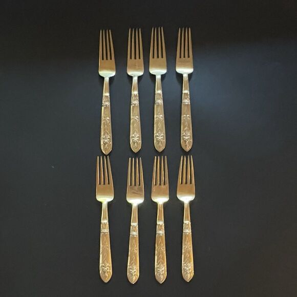 Set Of 8 Vintage Brass Dinner Forks Thailand Buddha Deity Pattern Heavy Flatware